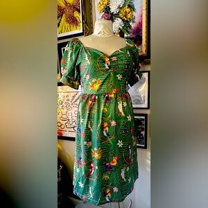 🔆Vintage🔆 Tropical Island Bird Print Picnic Cocktail Dress 🌺🍹🦜 Size L